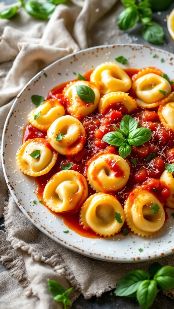 Delicious tortellini with tomato sauce and basil on a rustic table.